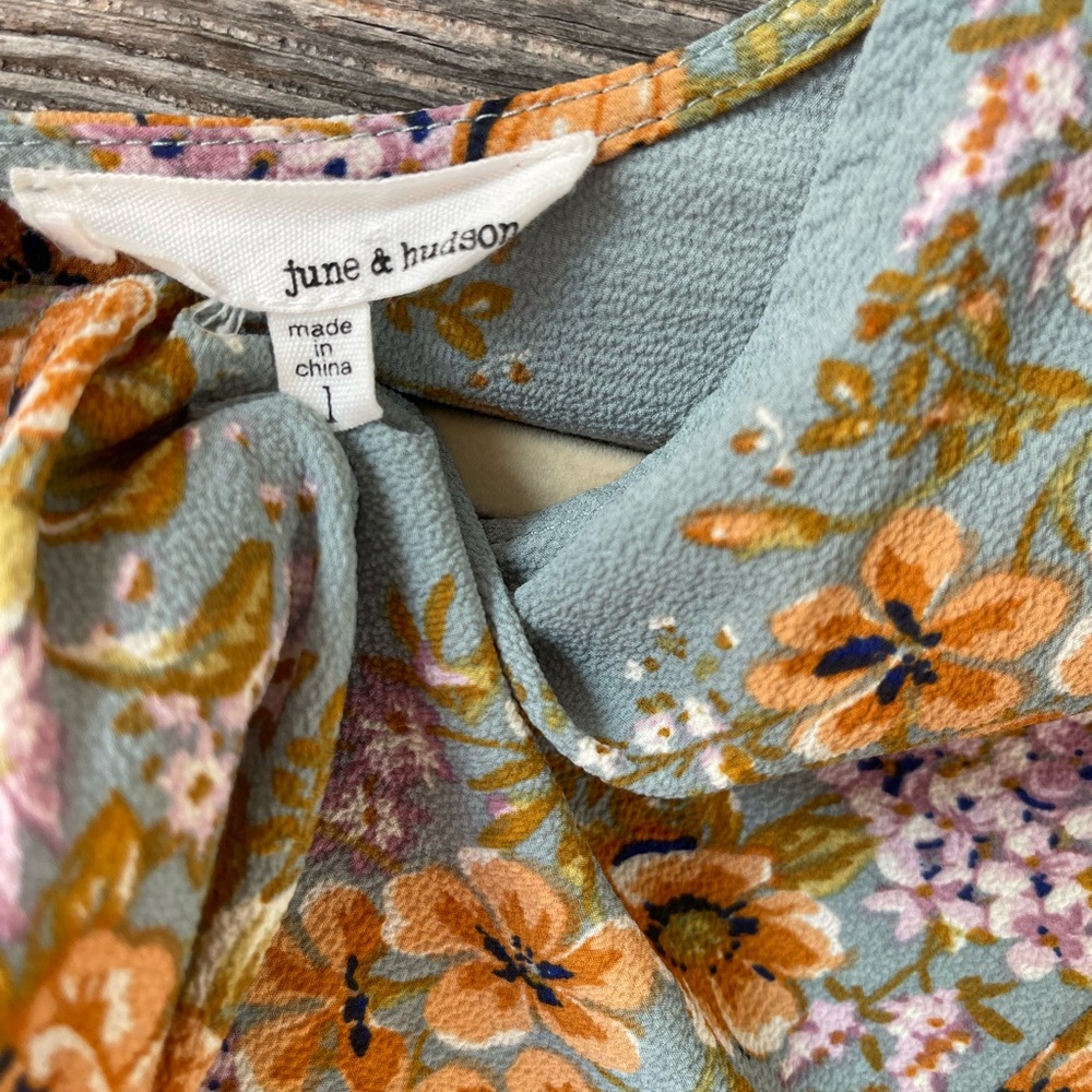 June & Hudson Blue Wrap Jumpsuit with Bishop Sleeves - Picture 3 of 10
